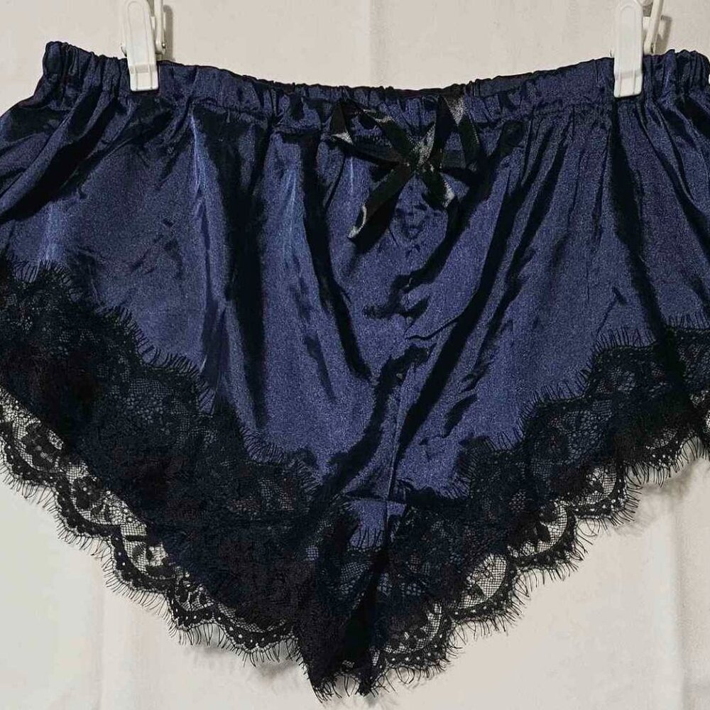 No Label - Women’s Navy Satin Pajama Shorts with Black Lace Trim